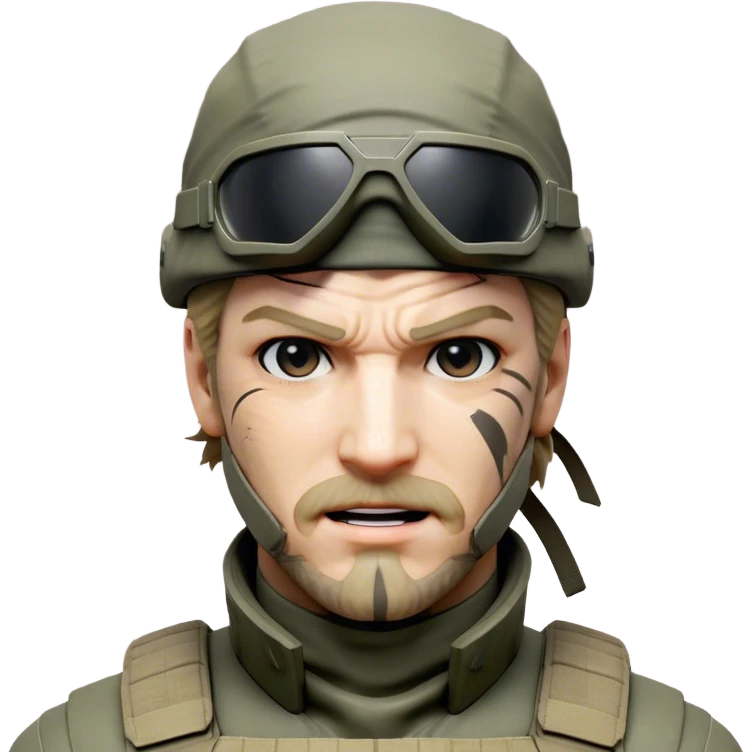 Cinematic Realistic Metal Gear Solid Snake Soldier Portrait, head tilted dramatically with an exaggeratedly amused expression, blending stealthy seriousness with a touch of unexpected humor. His rugged features, set against intricately detailed tactical gear in muted earth tones, are rendered with lifelike texture and dynamic lighting, high shine, dramatic yet whimsical, capturing the essence of a soldier whose epic covert skills are matched by a playful, irreverent spark. emoji