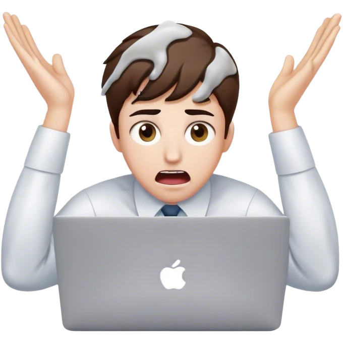 An overwhelmed office worker at a MacBook, eyes wide open, mouth agape, sweat drops flying, hands on head in panic, with white skin and brown hair emoji
