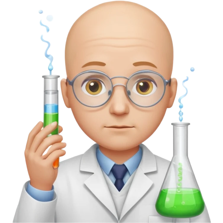 chemist emoji, bald person in a lab coat, testing chemicals in test tubes emoji