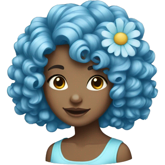 black curly haired girl with light blue flower hair clip emoji