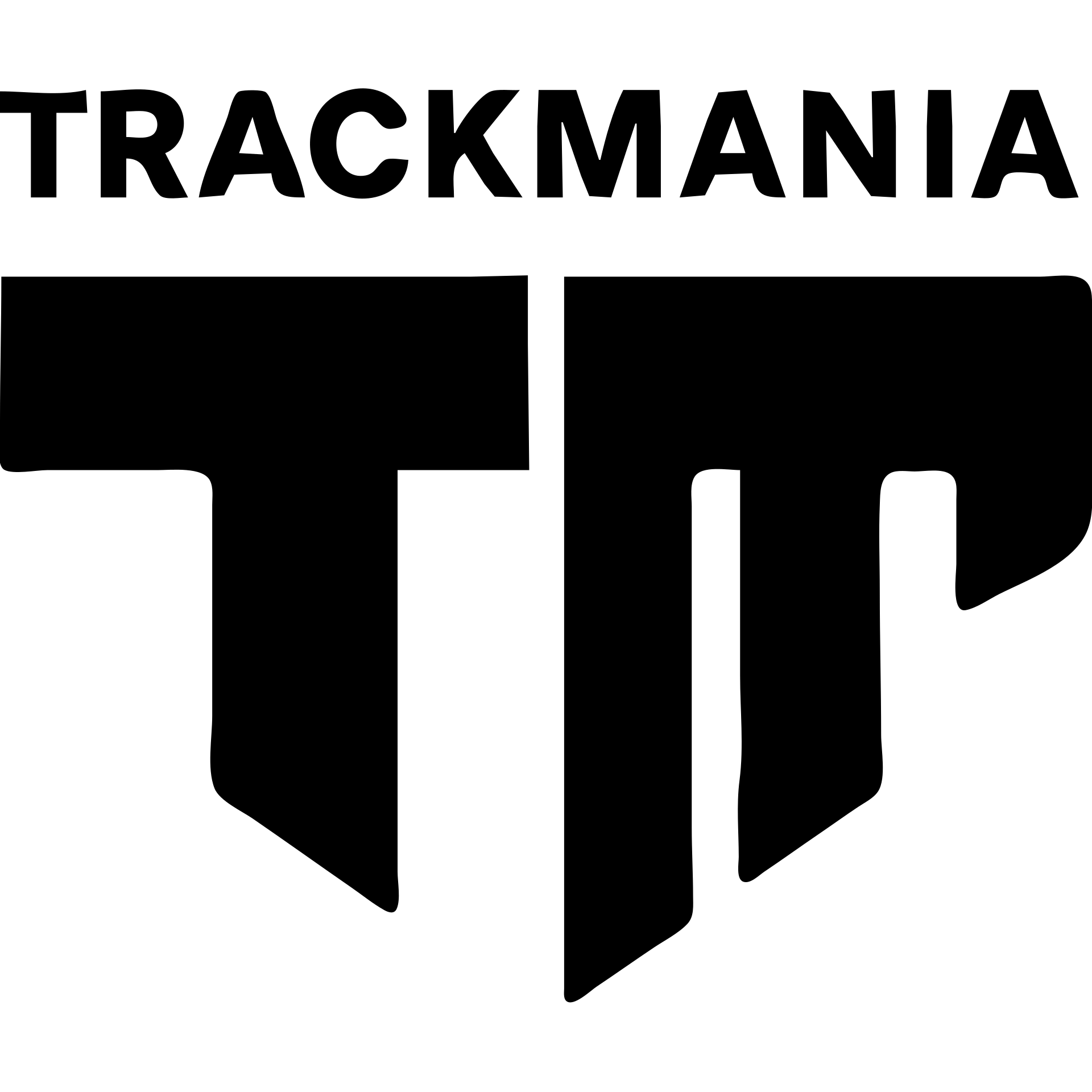 logo with the word 'Trackmania' above a split 'T' and 'M', both letters divided vertically, minimalist solid icon style emoji