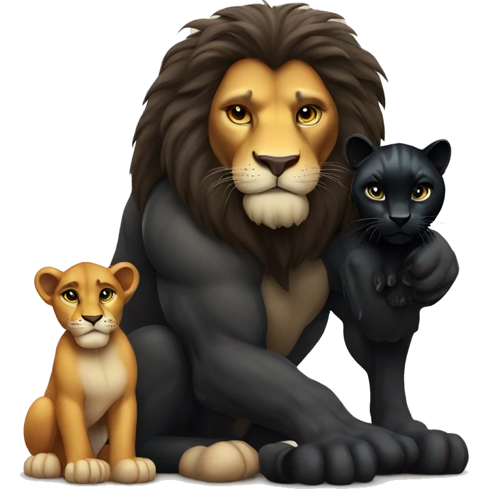 Big serious lion sitting next to a little young black panther emoji