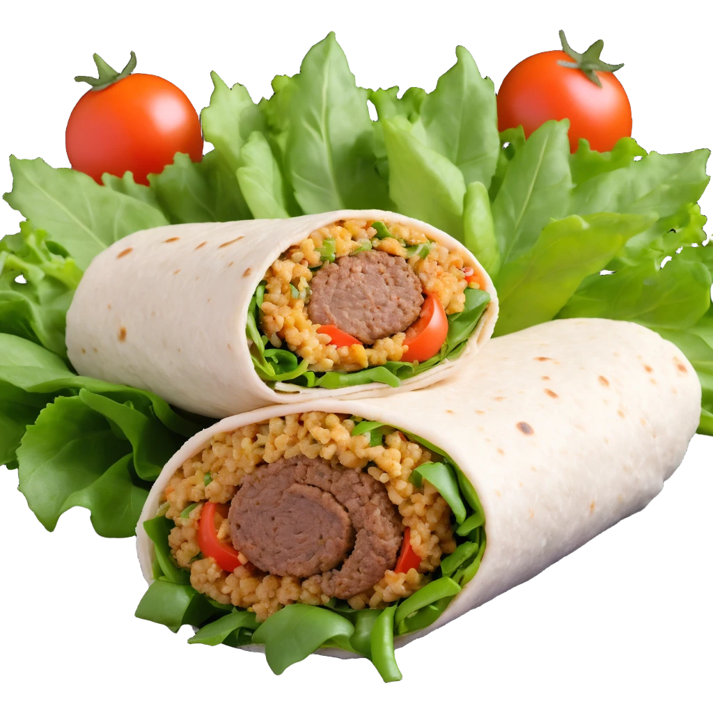 A Turkish wrap with raw bulgur kofte and fresh greens emoji