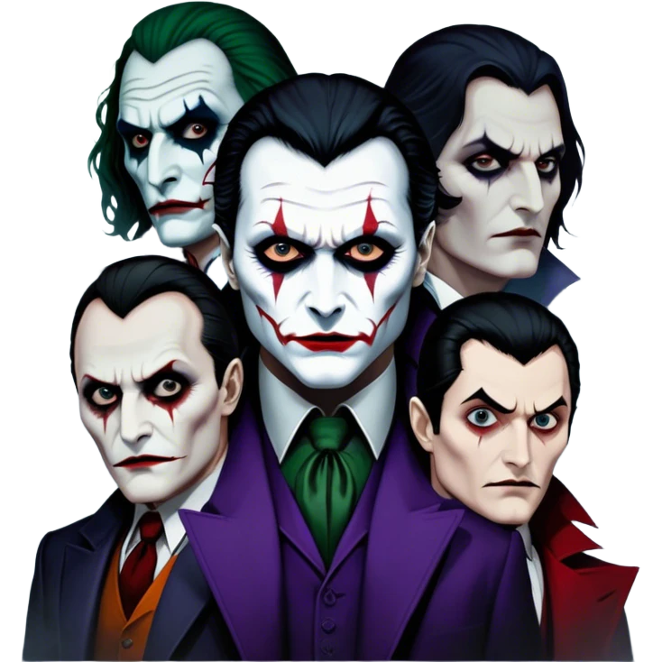 Thriller Movie Icon: A dark, intense collage with close-up images of iconic thriller characters like 1 Joker, 1 Hannibal Lecter, and 1 Vlad Dracula. The background features a moody Gotham City skyline, with shadowy figures and fog. Atmospheric, suspenseful tone. Transparent background. emoji