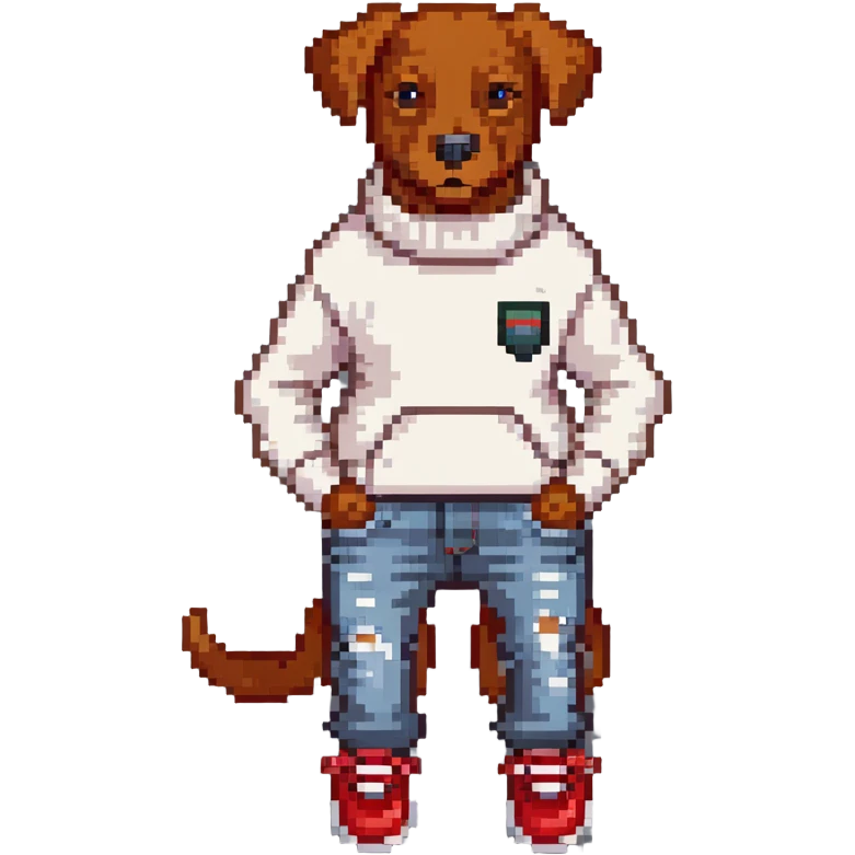 Brown dog standing upright with hands in jean pockets, wearing a white sweater and red shoes emoji
