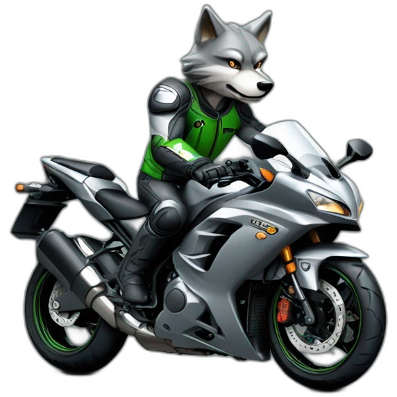 Cool grey wolf driving motorcycle Kawasaki Ninja emoji