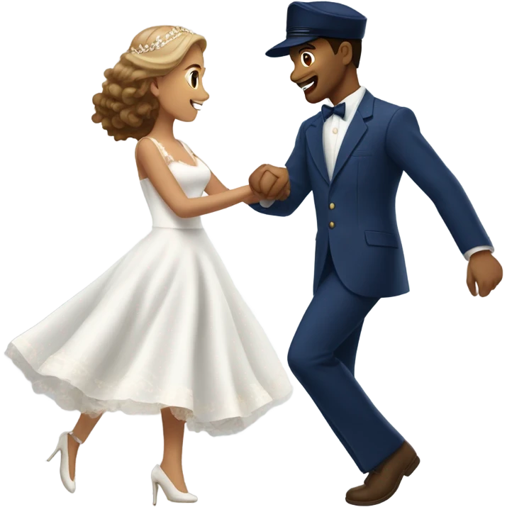 Puerto rican beard short brown hair with blue hat and navy blue suit first dance with blond long hair girl with white  wedding dress  emoji