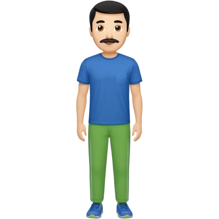 A man with black hair and too short beard and moustache and him wear a blue t shirt and green colour colour  emoji