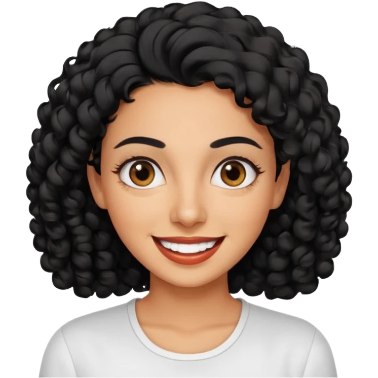30 year old iranian woman short curly black hair, big brown eyes, tanned skin, big smile, white teeth, pretty emoji