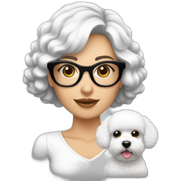 mujer gafas piel blanca cabello largo negro y perro bichon blanco emoji