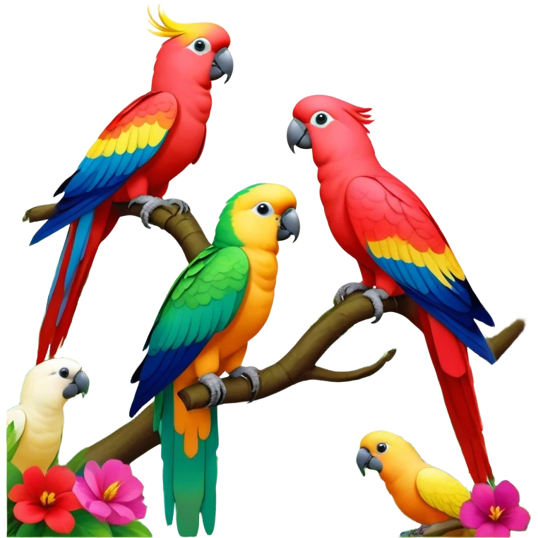 Close-up collage of vibrant Ara parrots and Inca cockatoos sitting on tree branches, surrounded by lush greenery. Bright colors of the birds stand out against a natural, sunny background of trees, flowers and fruits. Transparent background. emoji