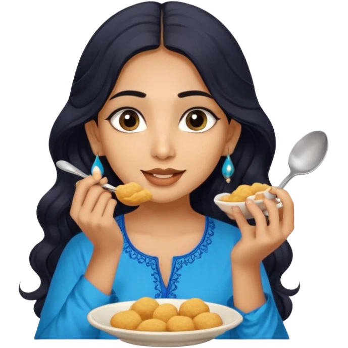 a pretty tan indian bratz girl with wavy long BLACK hair. eyeliner on, wearing a blue kurti, eating golgappa (without spoon) emoji