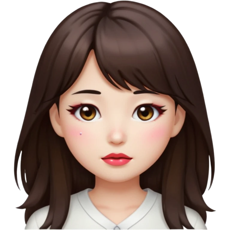 “japanese style Emoji brunette girl long hair with side bangs white top, dewy skin, heavy blush across cheeks and nose bridge, glossy cherry lips, soft eyeliner, teary sparkling eyes emoji