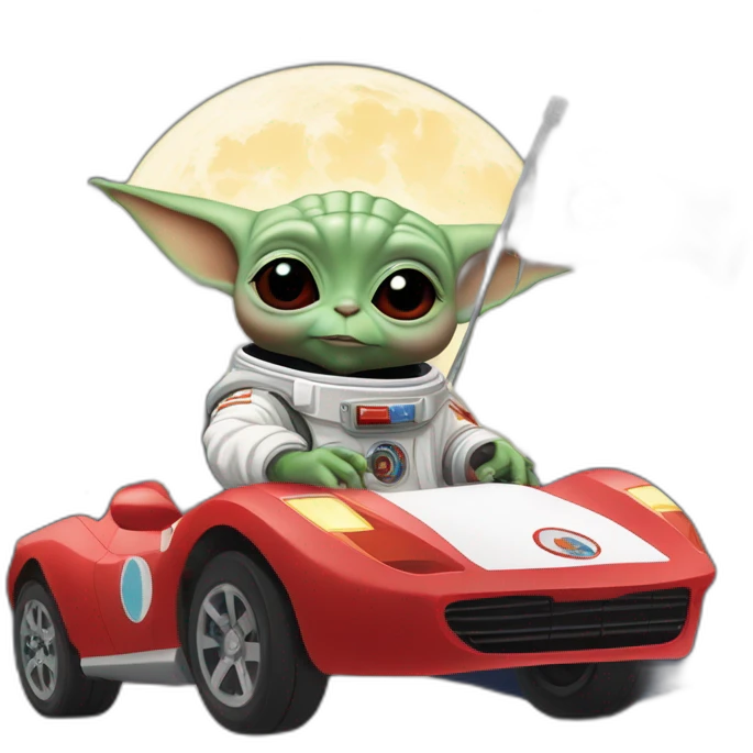 baby yoda unicorn driving a red ferrary in an astronaut suit with peace flag on the moon emoji