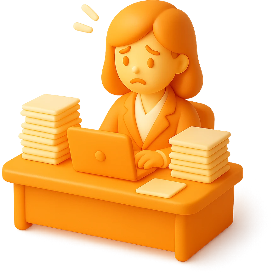 3D orange style female employee at a desk, surrounded by paperwork, looking stressed emoji