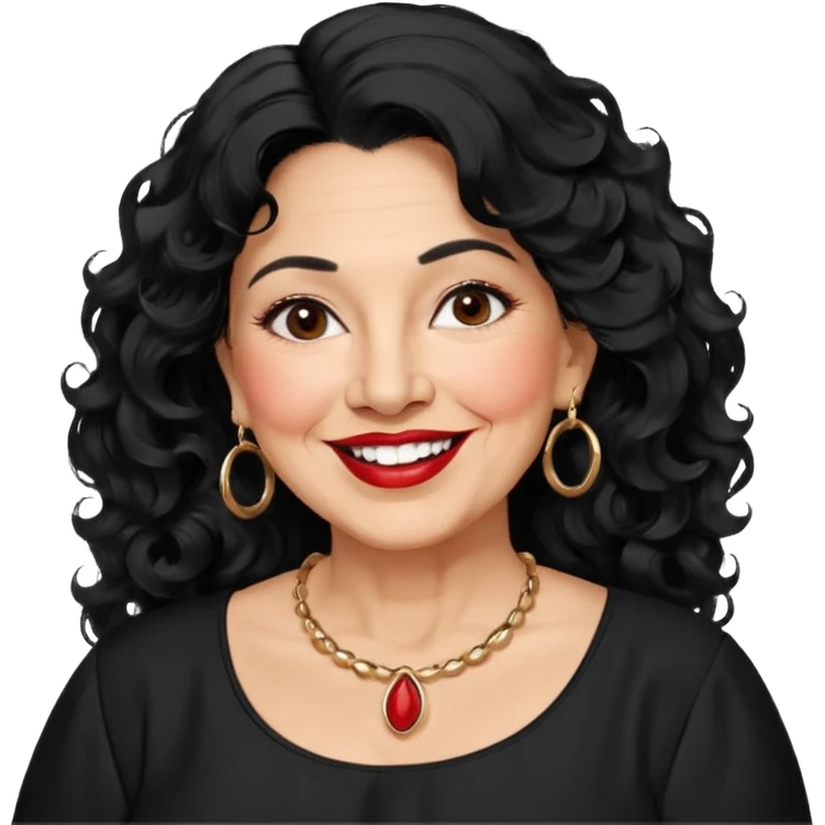 60 yr old Mexican woman, slightly chubby, wavy/curly long black hair, red lipstick, big smile, white teeth, brown eyes, hoop earings, side part to hair, round face, nice blouse, no wrinkle hair side swept, big hoop earing emoji