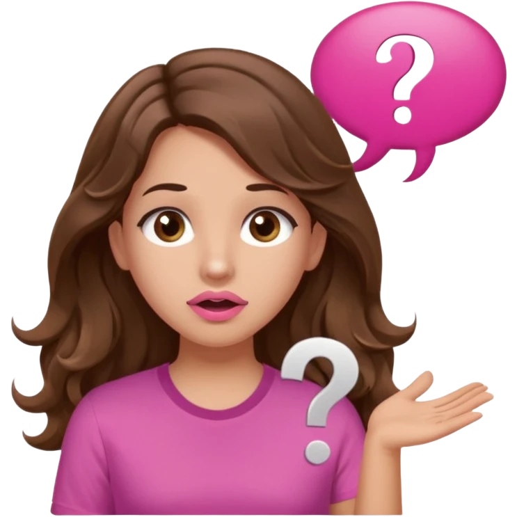 girl with long wavy brown hair, brown eyes, light to medium complexion, in a pink shirt, pink lips, long lashes, shugging, question mark one speech bubble emoji