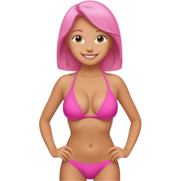 Lady with huge boobs, in a tight bikini, tanned, boobs are so big in tight pink and very revealing bikini, very round/spherical boobs emoji