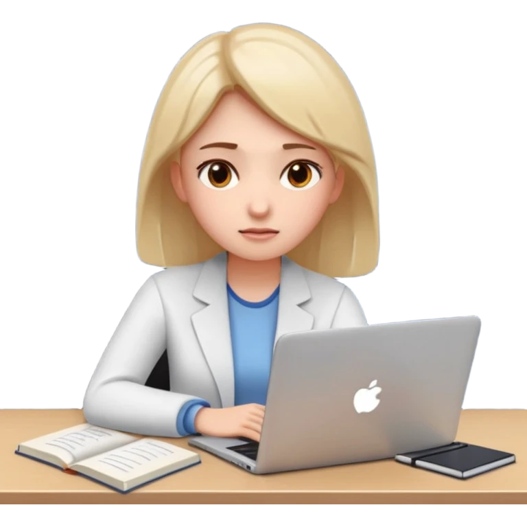 3D emoji style sticker, young woman, white background, slight exam stress, sitting with a laptop, IELTS practice test on the screen showing Overall 5.5, tired but determined expression, notebooks and papers around, soft lighting, minimal details, clean aesthetic, astrology style emoji