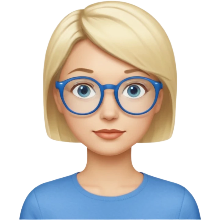 femme 40 ans cheveux garçon blond avec raie sur le coté, yeux bleu et lunettes rondes bleues emoji