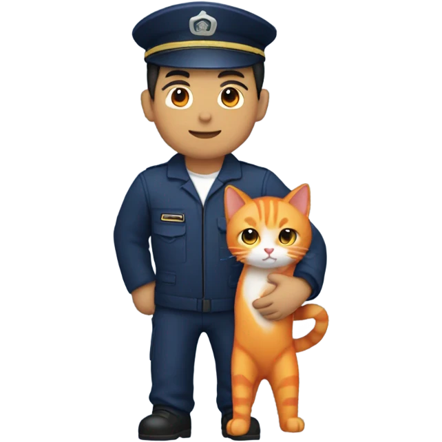 Asian man in navy blue mechanic uniform holding orange cat  emoji