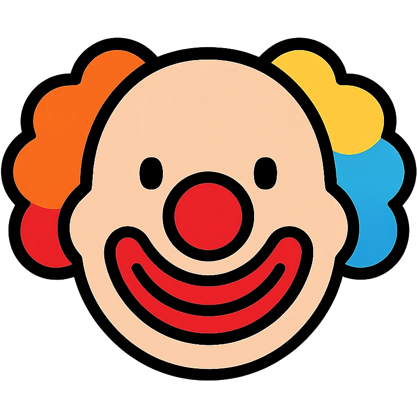 Clown face with red nose, colorful hair, and painted smile emoji