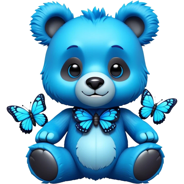 3D, adorable little Pixar style blue neon punk bear with a butterfly, ultra detailed, each lash, eye, and strand of fur is shown in stunning detail as though captured in a timeless photograph, rich textures, visually rich, so lifelike it feels like it could leap off the page at any moment emoji