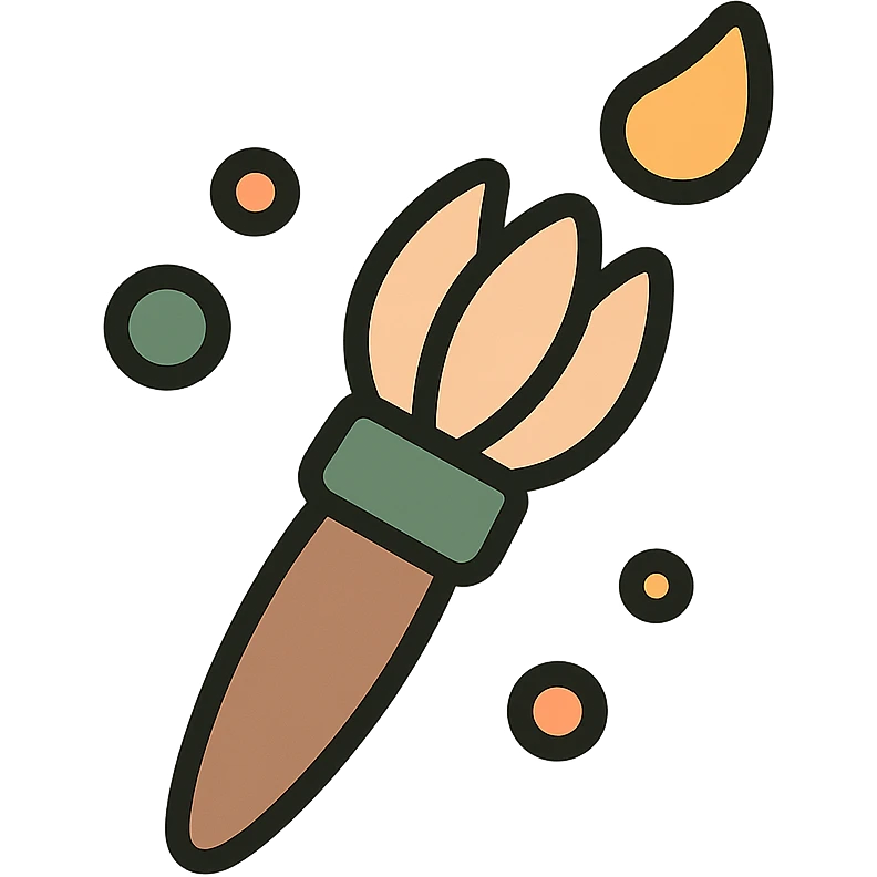 A cute and whimsical artist's paintbrush with a soft and cozy design, featuring a warm color palette: golden orange (FA9B41), deep forest green (4A7C5C), muted taupe brown (96775A), and pastel peach (FFCC9A). The brush has a delicate wooden handle in muted brown, with the bristles slightly fanned out, holding a touch of paint in shades of peach and orange. The tip of the brush is dipped in a soft golden hue, and tiny splashes of paint in the palette’s colors are gently scattered around. The overall mood is playful, artistic, and charming, evoking a sense of creativity and warmth. emoji