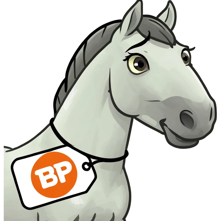 Horse with a name tag that says BP emoji