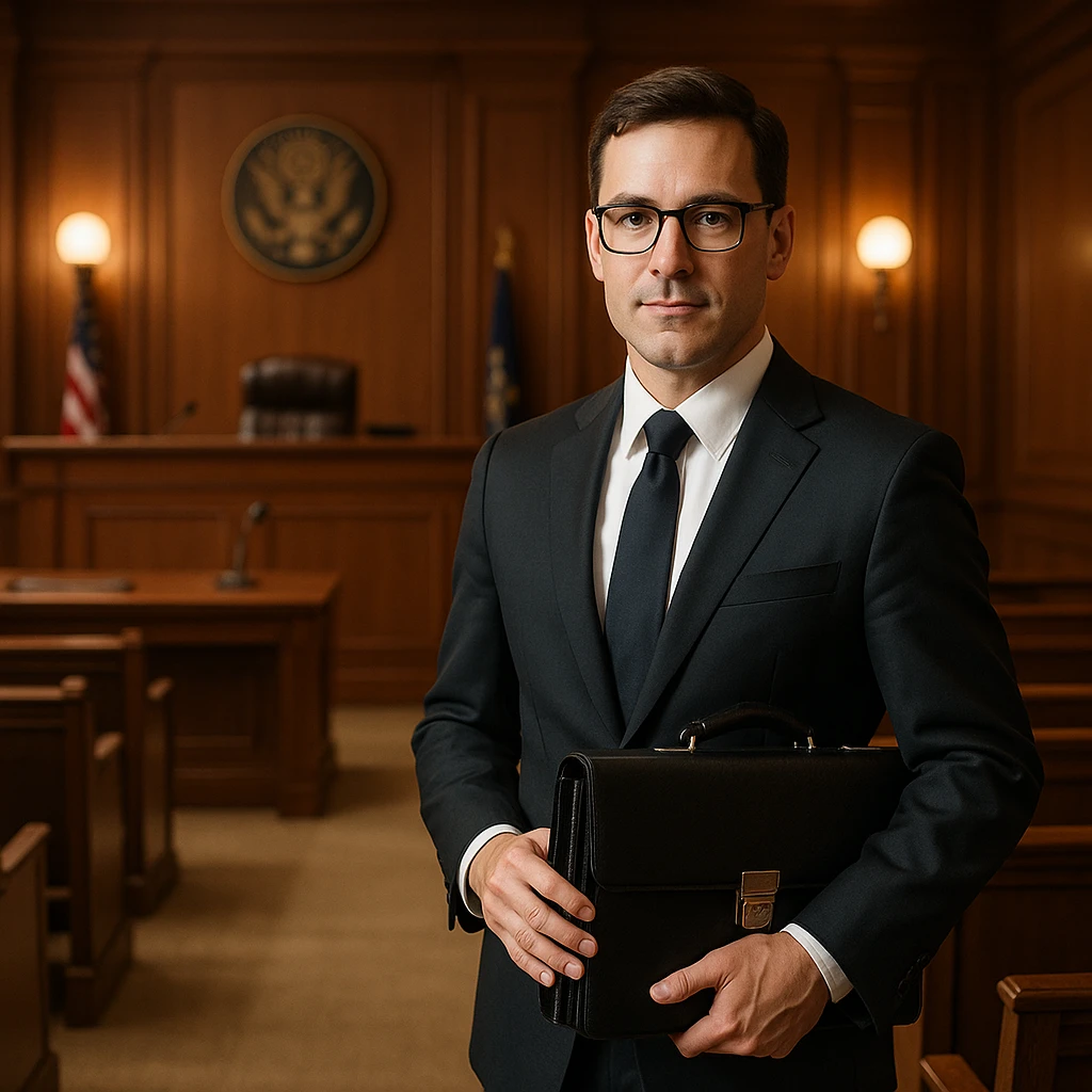 professional lawyer in a courtroom setting, wearing a suit and holding a briefcase emoji