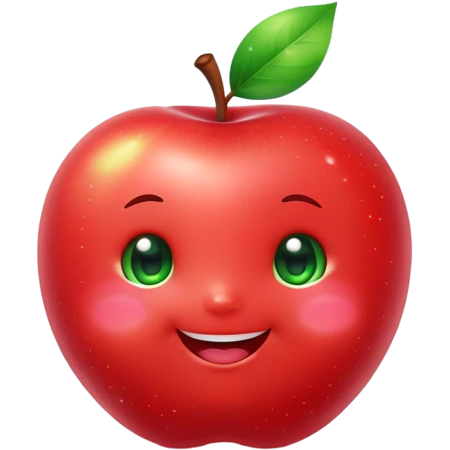 Cute Kawaii Apple, round and plump, bright shiny red with a tiny green leaf, chubby cheeks, sparkling eyes, a happy smile, soft glowing highlights, radiating fresh sweetness! emoji