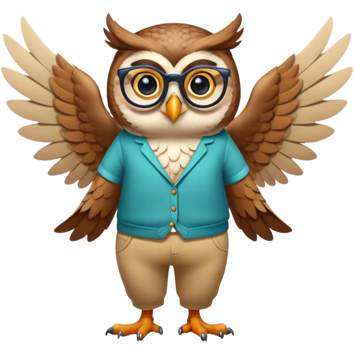 friendly anthropomorphised owl with wings instead of arms, colourful pants and shirt, wearing glasses, walking upright, unique pose 1 emoji