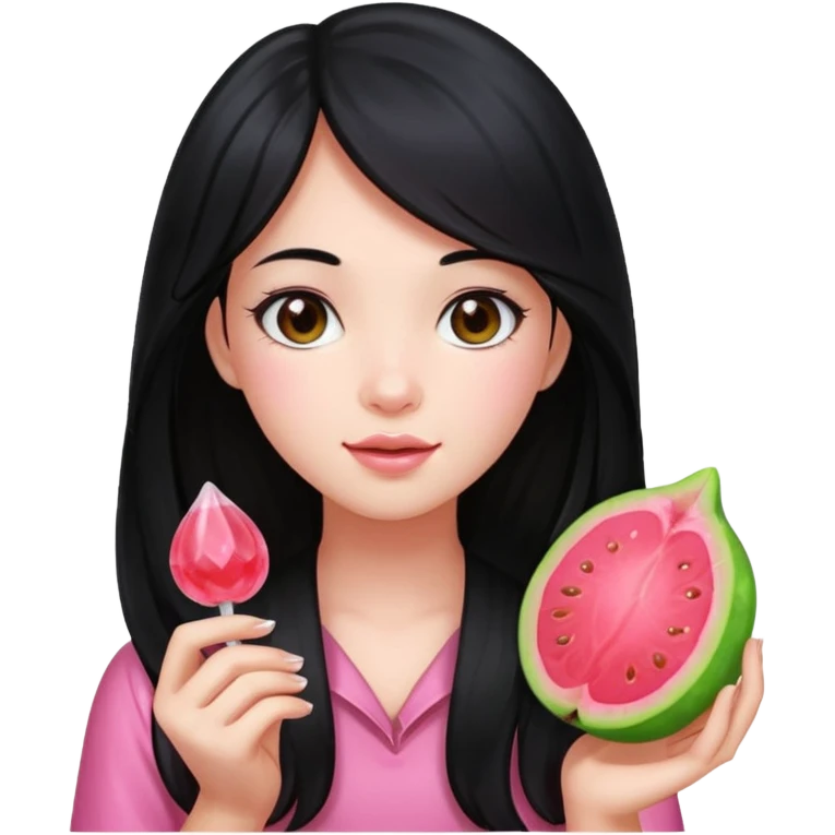 A girl with long black hair holding a piece of guava hard candy emoji