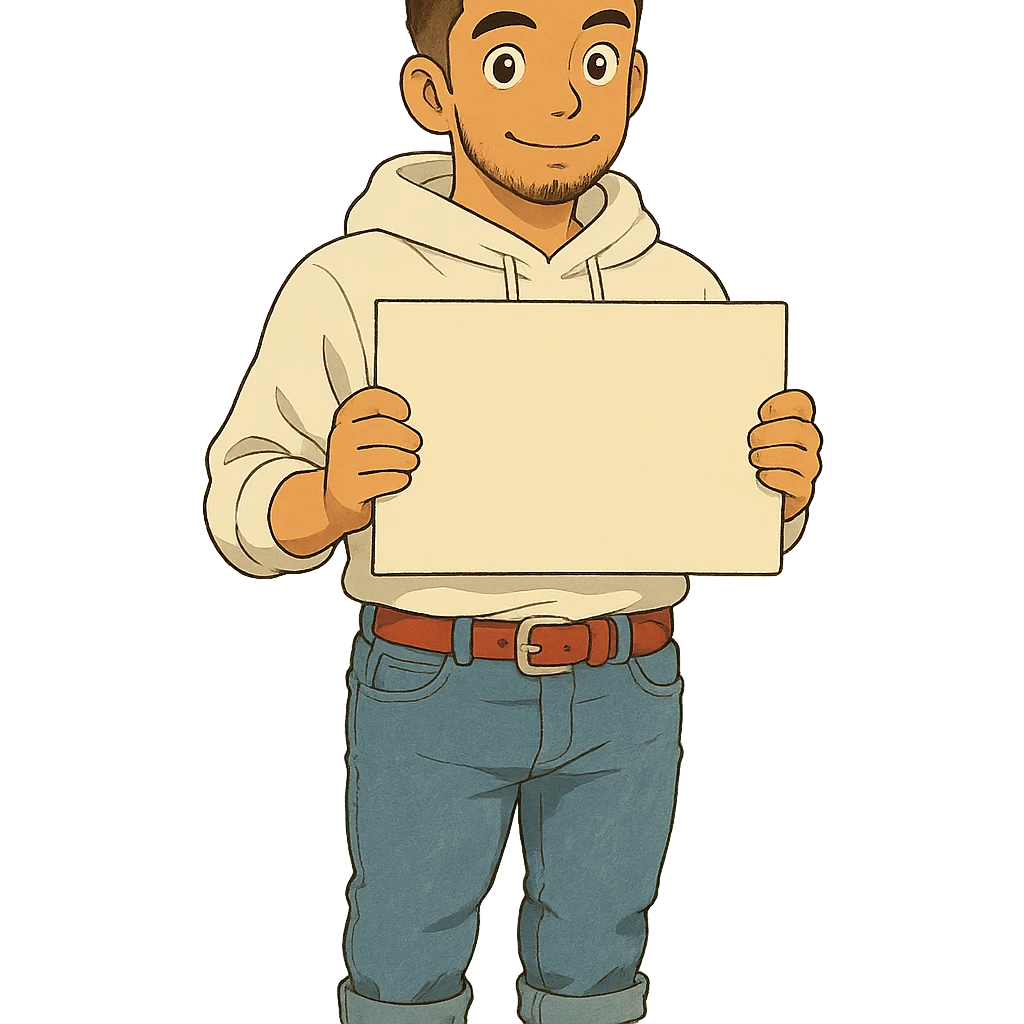 1 male, mid fade haircut dark chestnut brown curly hair, toasted lightskin, white hoodie sleeves up, fashion jeans, red fashion-sneakers shoes, red belt, short trimmed beard and goatee,  style of deku from "my hero academia", pose: holding a blank poster chest level emoji