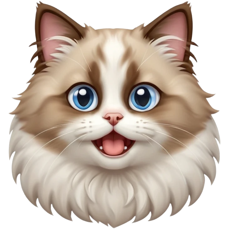 cinematic-adorable-big-eyed-fluffy-brown and white ragdoll-cat-portrait-emoji,-head-tilted-playfully-with-a-cute,-yawn,-soft-brown-and white-colored-fur-with-darker-points-on-the-ears,-simplified-yet-irresistibly-cute-features, sparkling blue eyes emoji