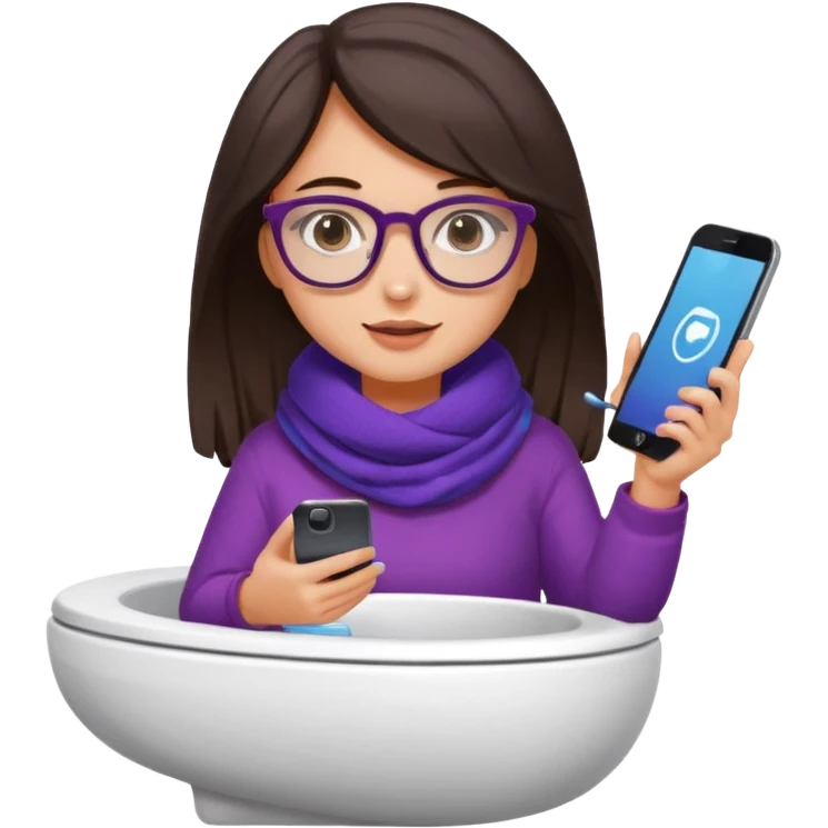 Fille châtain foncé avec lunettes. Elle porte une grosse écharpe violette, bleu et orange. Elle est dans une cuvette de toilette. Téléphone en main. Realiste emoji
