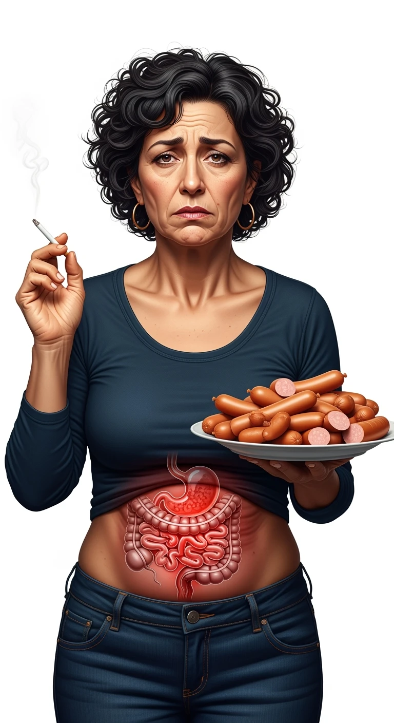 UNA DONNA REALISTICA CON UNA SIGARETTA IN MANO E UN PIATTO PIENO DI WURSTEL E SALSICCE NELL'ALTRA MANO, INTESTINO ANATOMICO INFIAMMATO VISIBILE, MAL DI PANCIA, ISOLATA SU SFONDO BIANCO, IPERREALISTICA 4K emoji