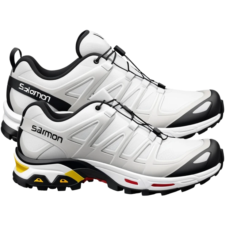 Ultra minimalist white Salomon XT-6 shoes, extremely simplified iOS emoji style, one behind the other, flat colors, very basic lines, essential details only, clean design emoji
