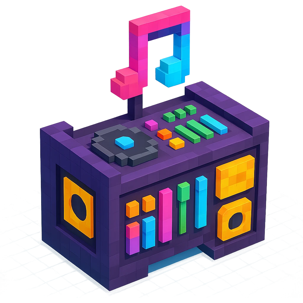 DJ booth with vibrant neon lights, glowing buttons, and a futuristic design emoji