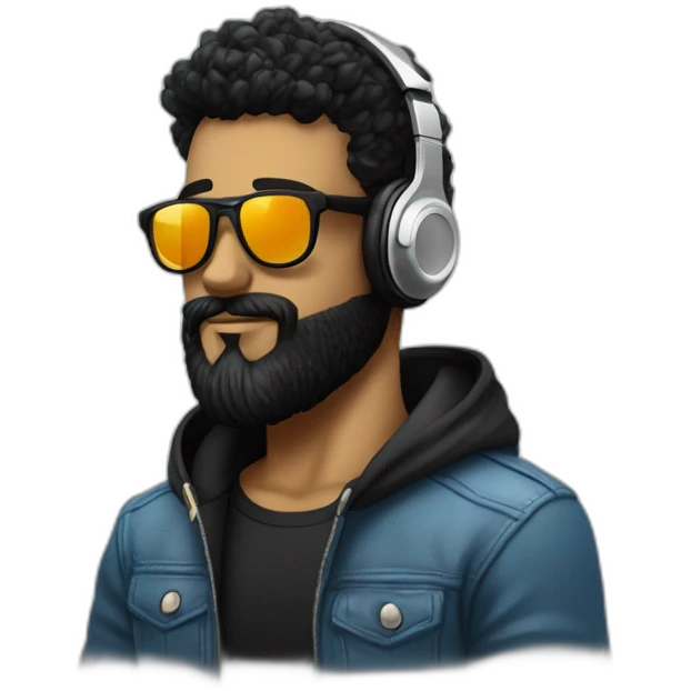 A stylish boy wearing headphones and sun glasses and in background music waves black hair black beard new trending look emoji