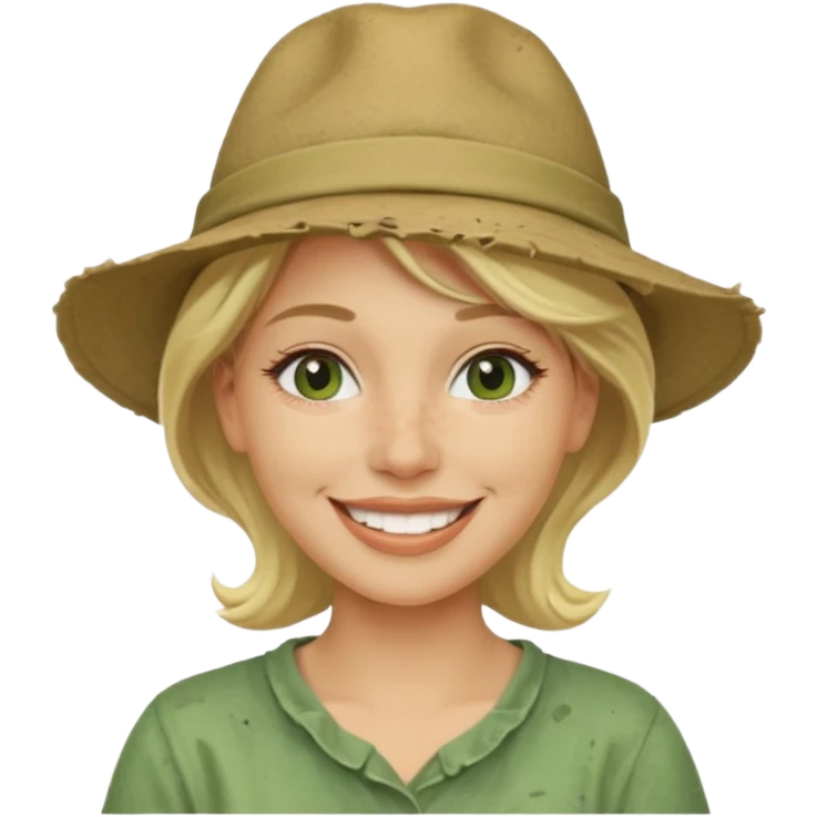 messy green clay mask and tourist hat blond woman  smiling and clay mask on face emoji
