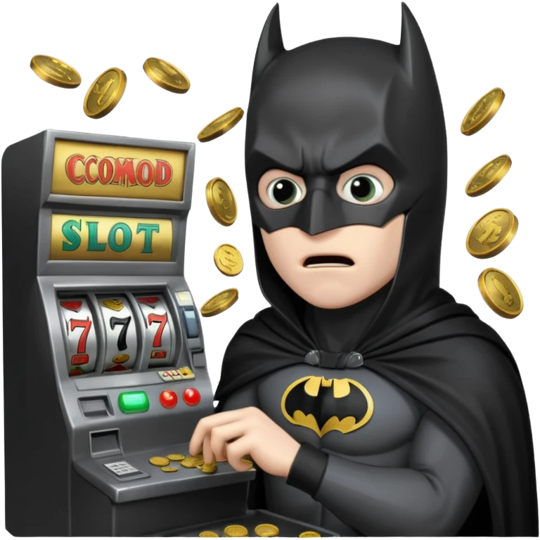 disheveled bat man losing money at a slot machine, panicked face, coins flying emoji