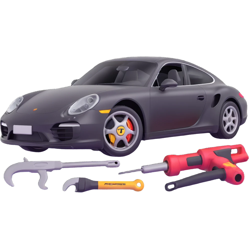 icon of a Porsche luxury car with a clearly visible dent or damage on the bodywork, with bodywork reconstruction tools like a lever, small hammer, and repair equipment positioned to show active repair, elegant and modern emoji