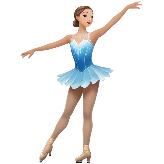 An icon showing a graceful figure skater performing a spin on the ice in a grand ice palace. The rink is illuminated by soft light beams, with cheering spectators in the stands. Snowflakes gently fall, adding to the magical atmosphere. Transparent background highlights elegance and artistry. emoji