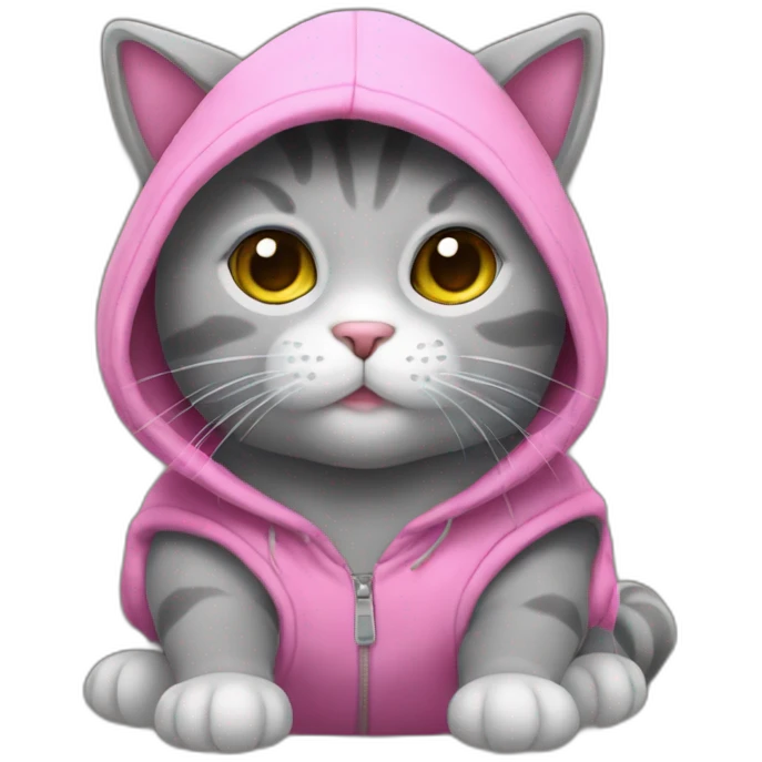 A gray plush cat. This cat is wearing a sleeveless sweater with a pink hood. He's sitting on his buttocks. Small round ears are hidden in the hood. emoji