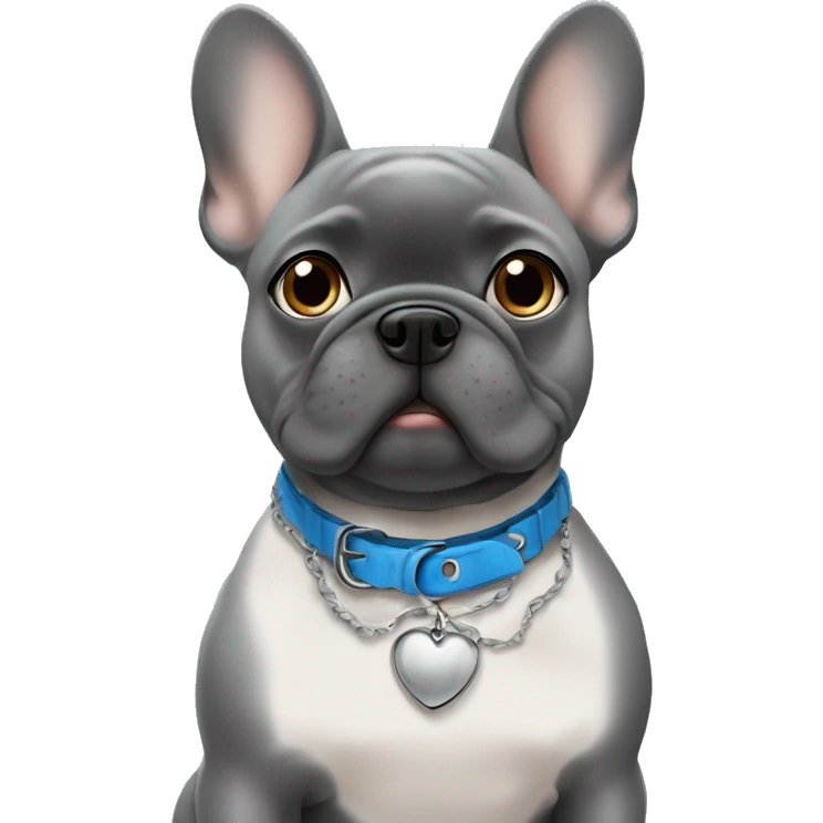 A grey frenchie with a name collar that says Chata and with blue eyes ￼ emoji