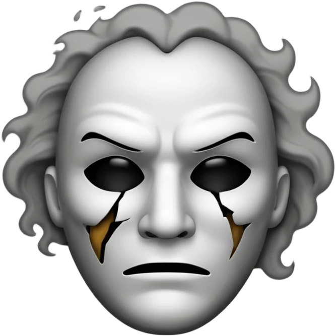 Minimalist emoji-style sticker of a cracked actor’s mask with empty eyes and faint smoke rising, grayscale with dusty shadows emoji