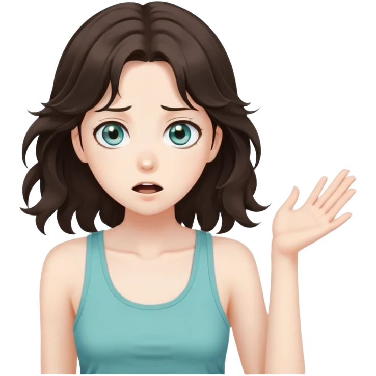 Surprised, shocked, A beautiful anime lady with hazel-green-blue eyes, dark-brown wavy medium-long hair, pale skin, tomboy style, tank top emoji