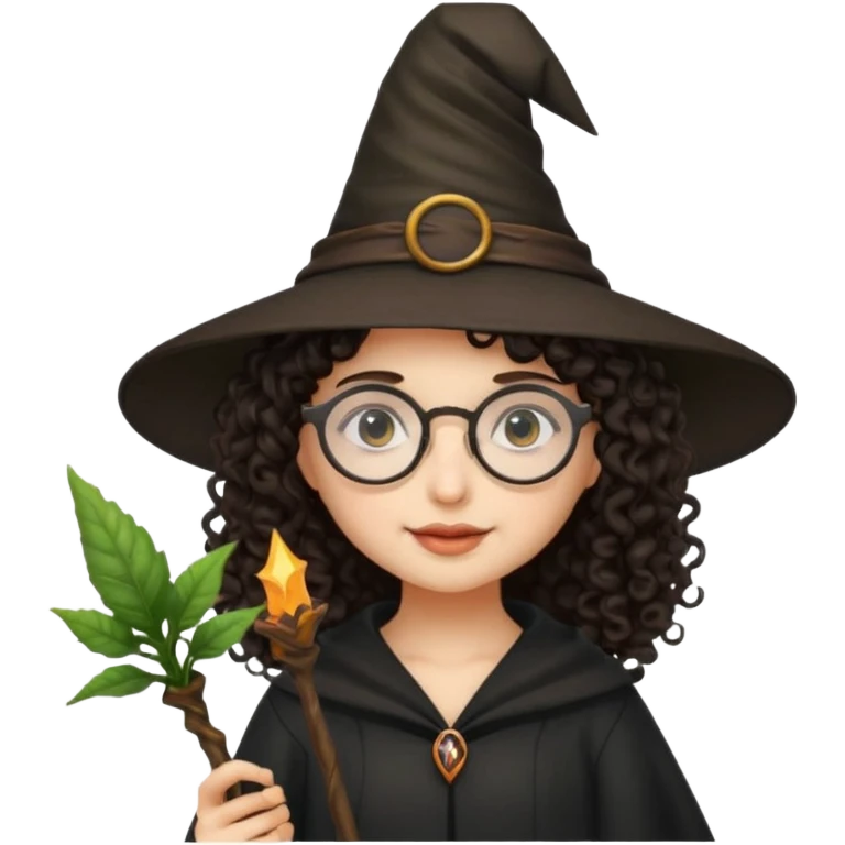 A dark curly haired girl with a witch hat, round glasses, and a plant wand emoji