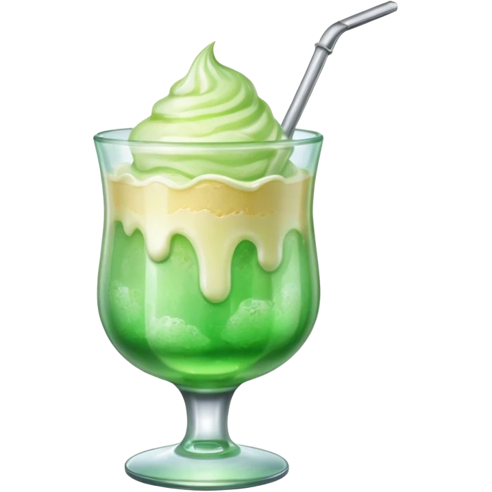 Create an emoji with a clear rounded glass, bright transparent green soda, vanilla ice cream scoop
 emoji